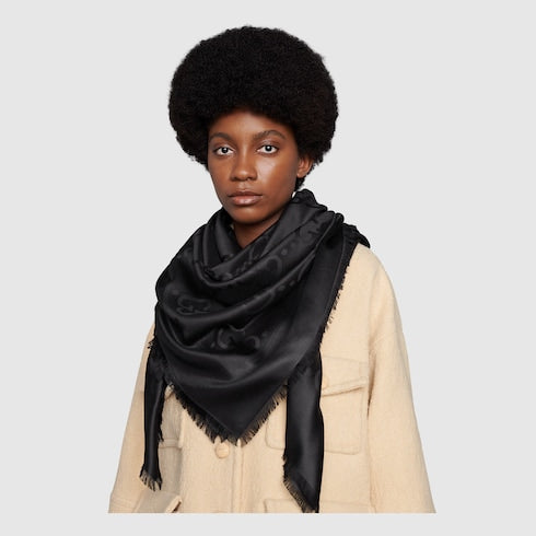 GG jacquard silk wool shawl - black