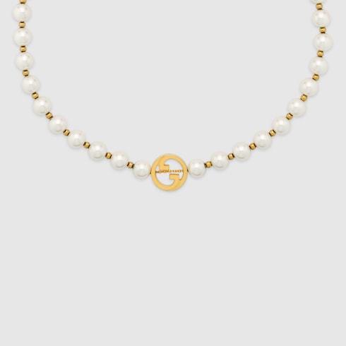 Gucci Interlocking pearl necklace - light gold-toned brass