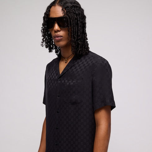 GG silk jacquard bowling shirt - dark blue