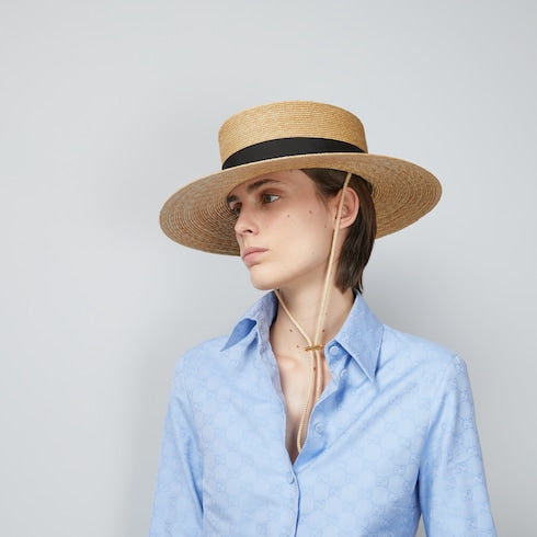 Straw hat with grosgrain detail - beige