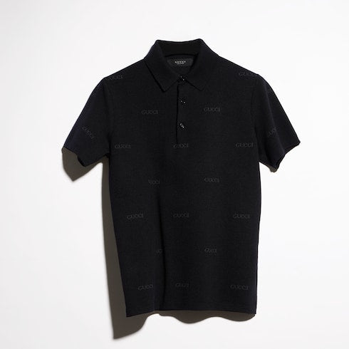 Wool silk Gucci jacquard polo shirt - black