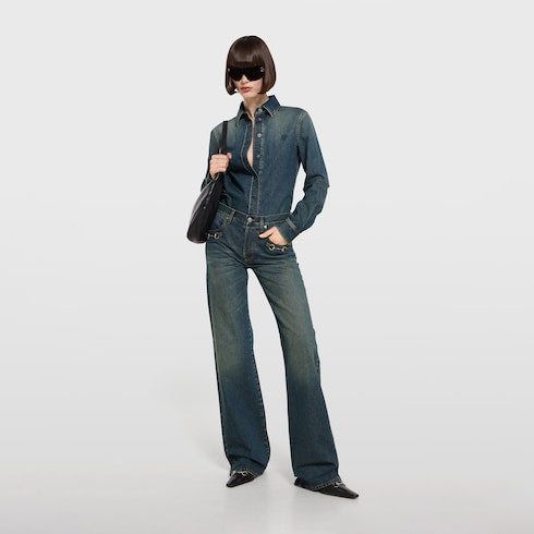Cotton denim shirt with embroidery - blue