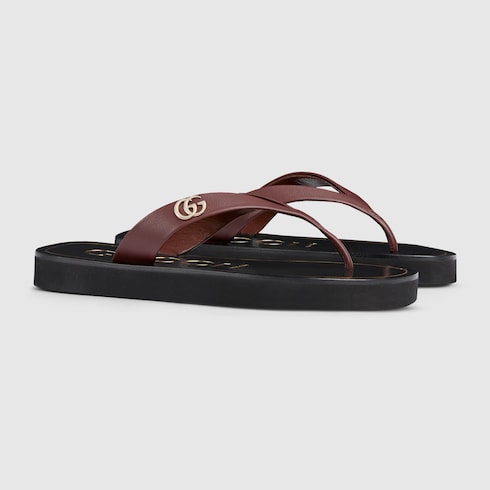 Women's thong sandal with Double G - brown and yellow leather
