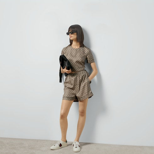 GG Supreme print silk shorts - beige and ebony