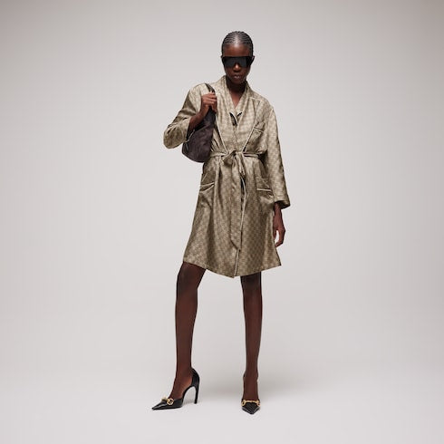 Printed silk twill shirt - beige and dark brown