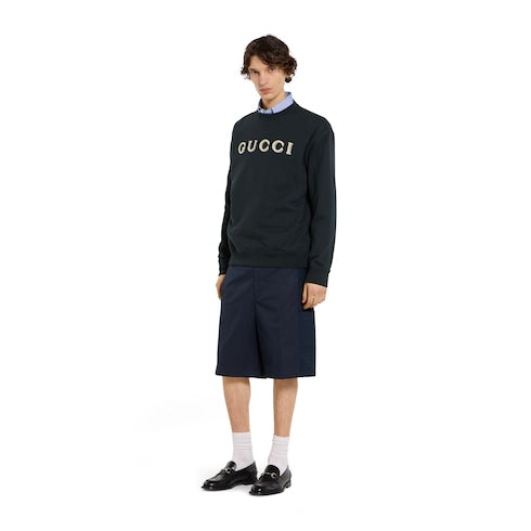 Cotton jersey sweatshirt with embroidery - dark blue