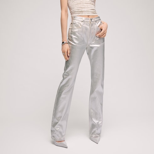 Straight denim pants with soft coating - white and silver