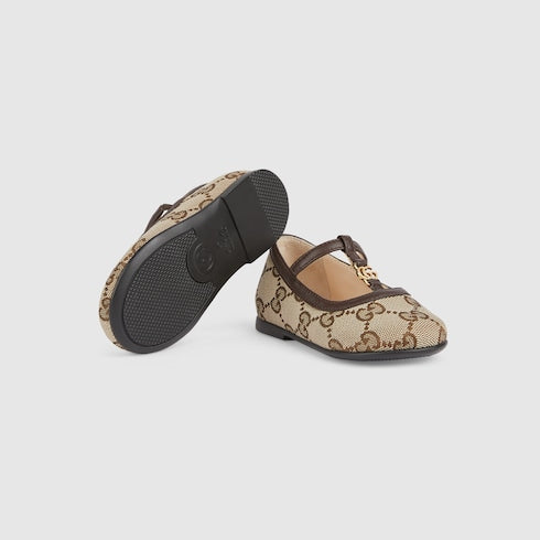Toddler Double G ballet flat - beige and ebony GG canvas