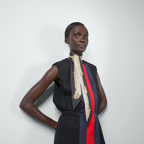 Printed silk twill ribbon - black and beige