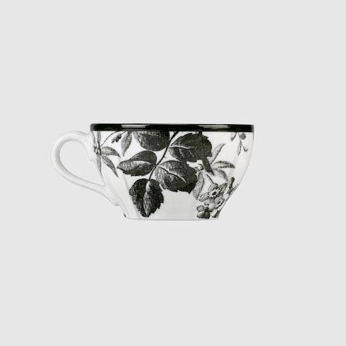 Herbarium teacup and saucer, set of two - black and white porcelain