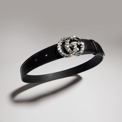 GG Marmont thin belt with crystals - black leather