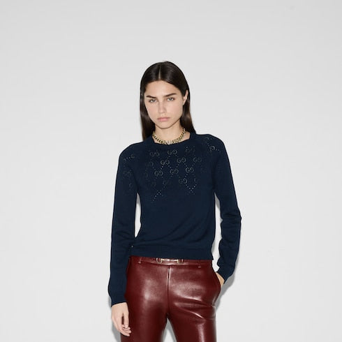 Cotton crewneck top with GG argyle - navy