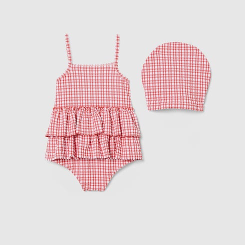 Baby gingham swimsuit set - white and red