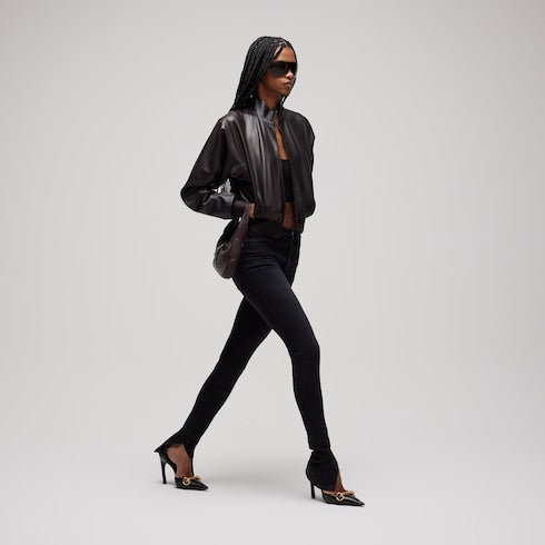Washed cotton denim skinny pants - black