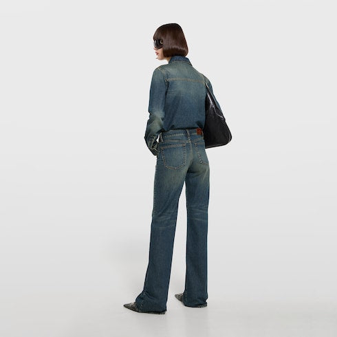 Cotton denim shirt with embroidery - blue