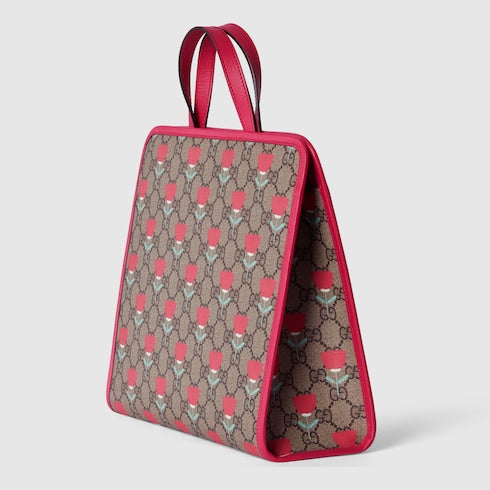 Children's flower print tote bag - beige and dark brown