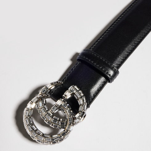 GG Marmont thin belt with crystals - black leather