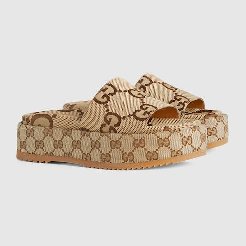Women's platform slide sandal - camel and dark brown maxi GG canvas