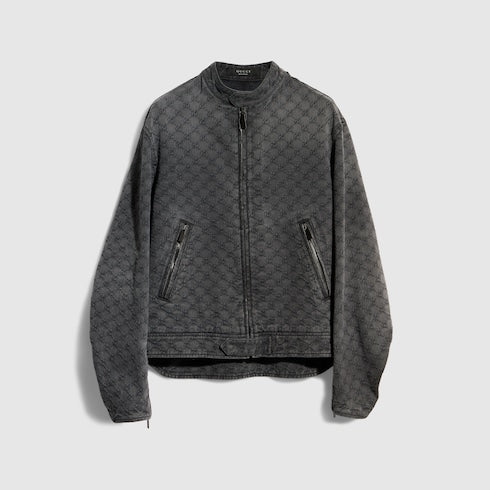 GG cotton denim jacquard zip jacket - dark grey