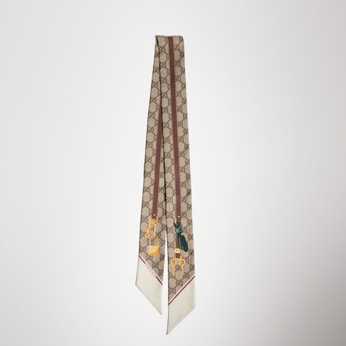 Printed silk twill ribbon - beige and ebony GG