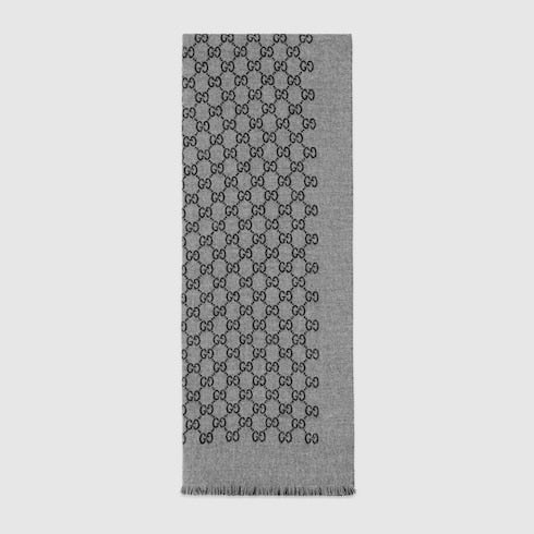 Dark Grey / Black Wool Double Jacquard GG Scarf - Dark Grey / Black Wool