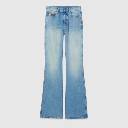 Flared bleached cotton denim pants - light blue