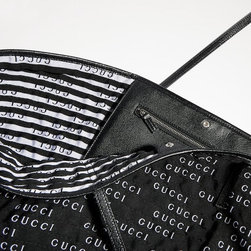 Maxi woven tote bag - black and white grosgrain