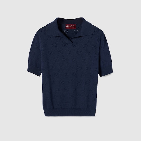 GG pointelle cotton silk polo shirt - blue