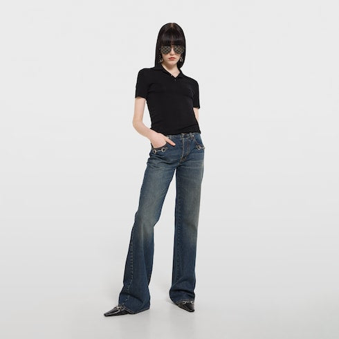 Cashmere silk polo shirt with embroidery - black