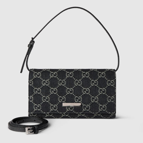 Small pouch with strap and Gucci plaque - black GG denim