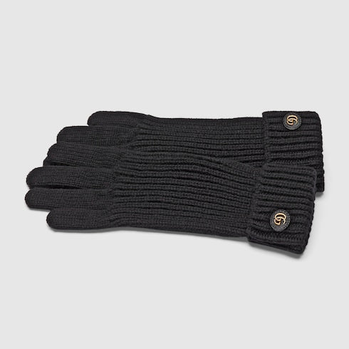 Wool cashmere gloves with Double G - black