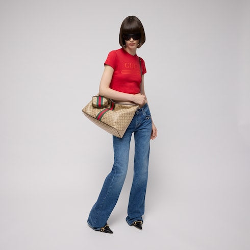 Large shoulder bag with Web - sand and brown GG canvas