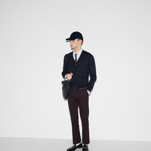 Wool knit cardigan with Web - dark blue