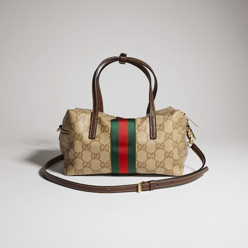 Mini boston bag with Web - sand and brown GG canvas