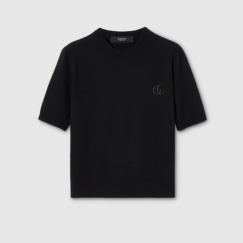 Knit wool top with embroidery - black
