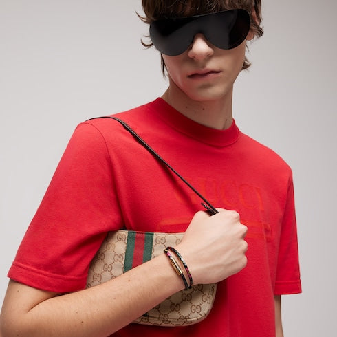 Leather double bracelet with Gucci script - black leather