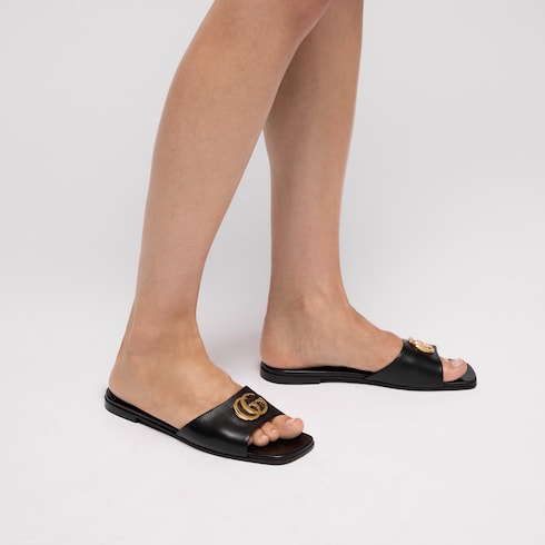 Women's slide sandal with Double G - black leather