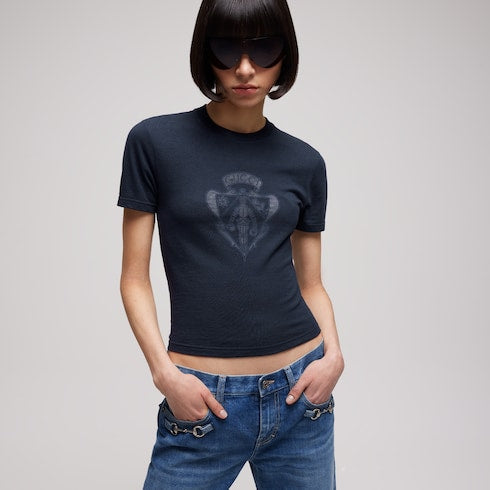 Cotton jersey T-shirt with Gucci crest - navy