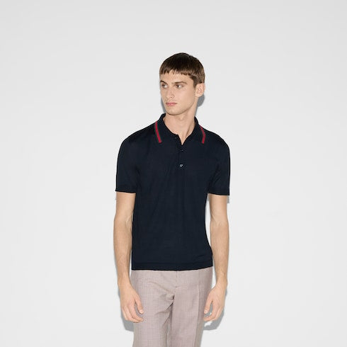 Wool knit polo shirt with Web - dark blue