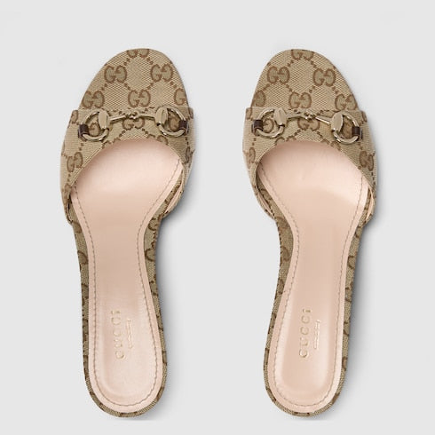 Women's slide sandal with Horsebit - beige and brown GG canvas