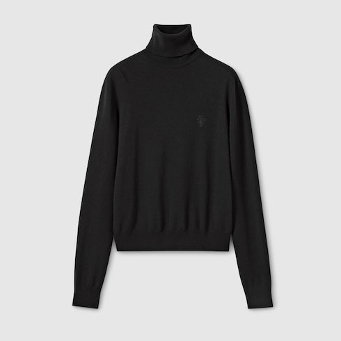 Knit wool turtleneck with embroidery - black