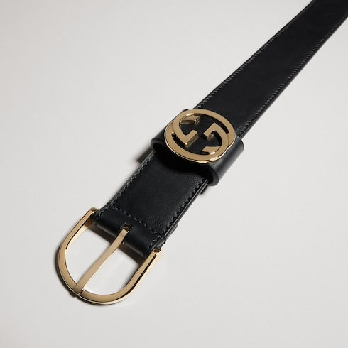 Belt with round buckle - black leather