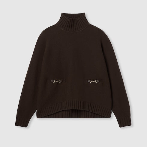 Wool cashmere sweater with Horsebit - dark brown