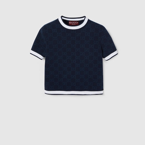 GG fine cotton jacquard top - navy and white