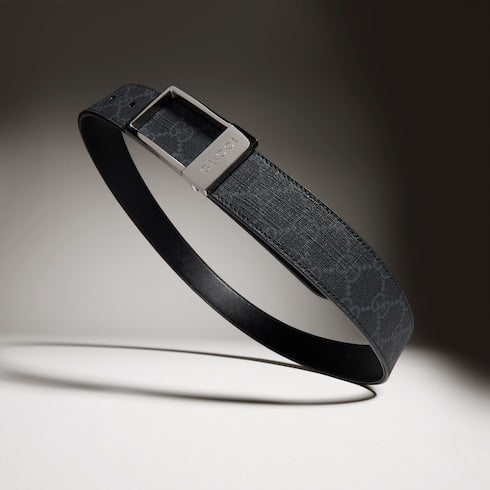 Reversible belt with rectangular buckle - black GG Supreme and leather