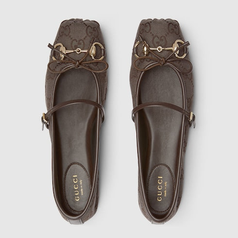 Women's Gucci Horsebit ballet flat - dark brown GG canvas