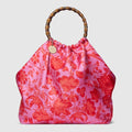 Silk maxi tote bag with bamboo handle - fuchsia and multicolor silk