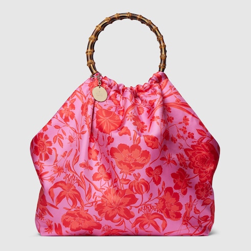 Silk maxi tote bag with bamboo handle - fuchsia and multicolor silk