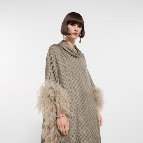 Printed silk twill long dress - beige and dark brown