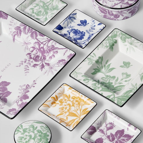 Herbarium print trinket tray set - white and multicolor porcelain